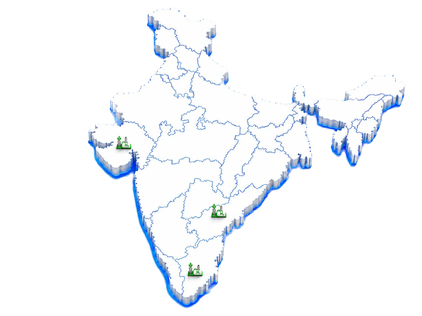 Map of India marking the green hydrogen and ammonia plant sites