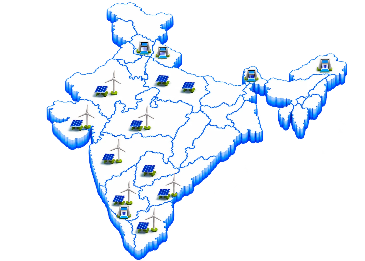 Map of India marking Greenko's solar, wind and hydro sites