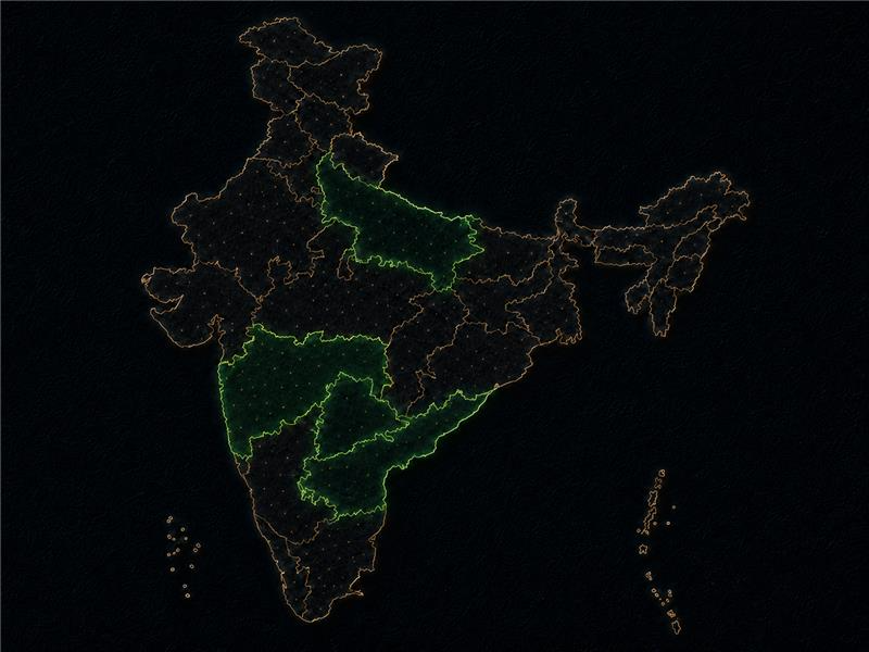 Map of India highlighting AM Intelligence data-center sites in Uttar Pradesh, Maharashtra, Telangana and Andhra Pradesh