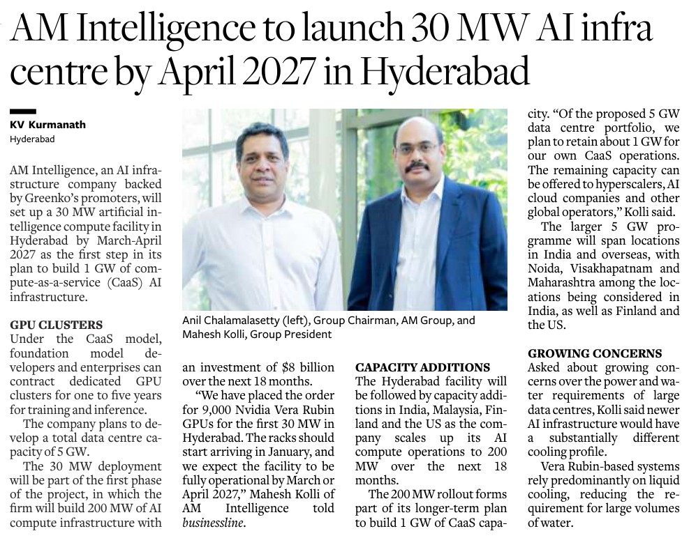 The Hindu BusinessLine clipping: AM Intelligence to launch 30 MW AI infra centre by April 2027 in Hyderabad