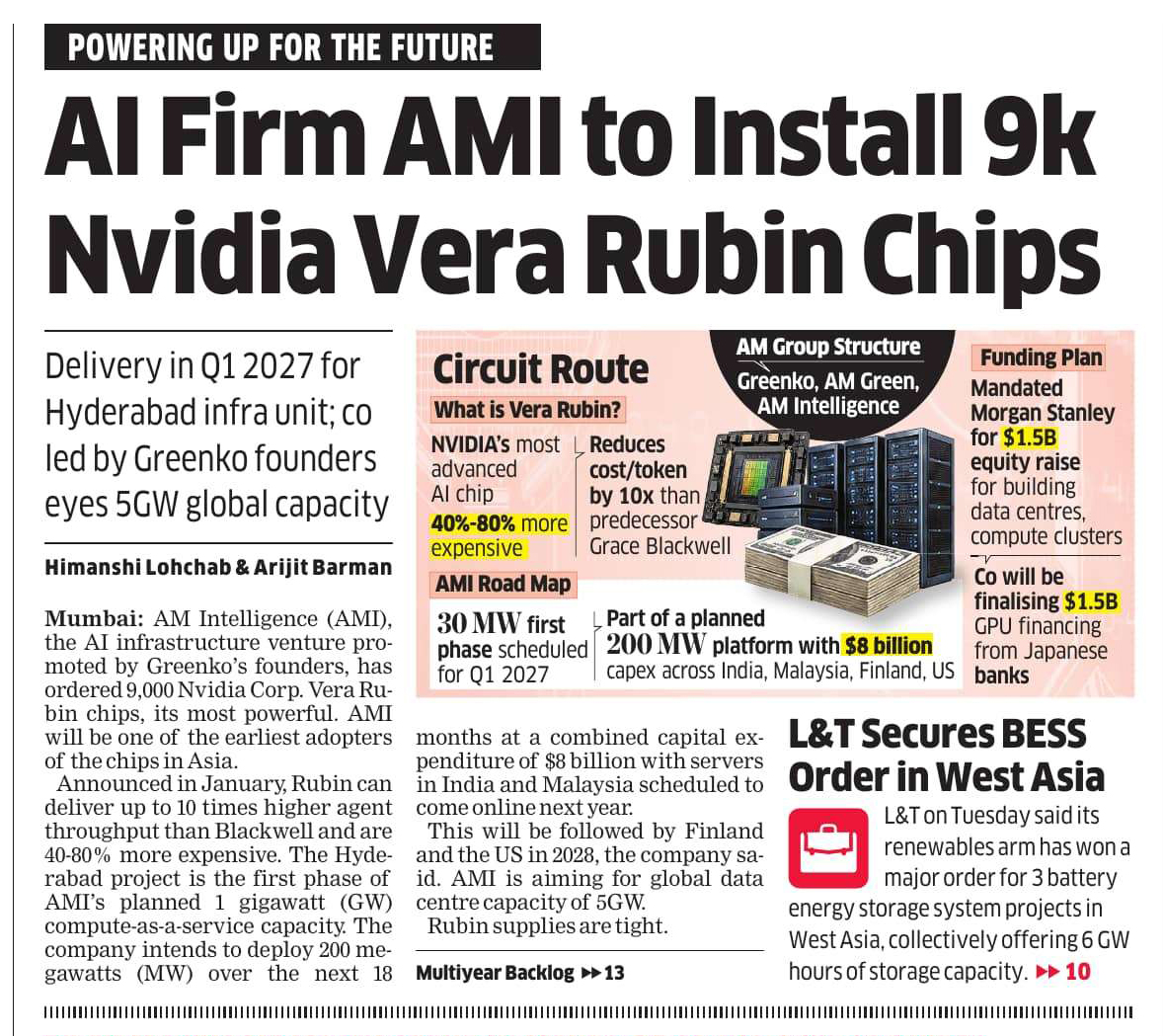 The Economic Times clipping: AI Firm AMI to Install 9k Nvidia Vera Rubin Chips